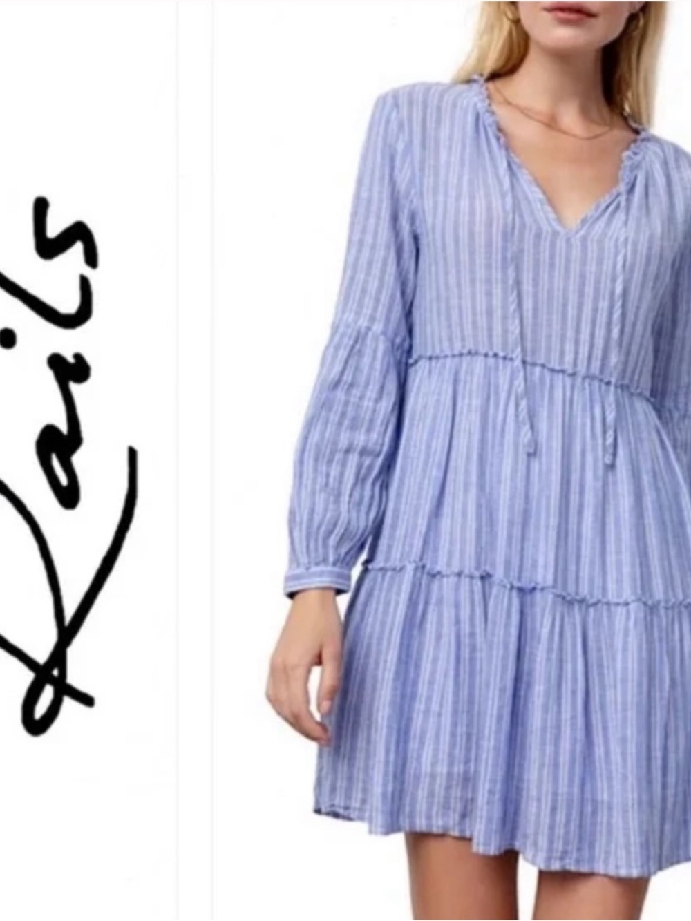 Rails Everly Ludlow Stripe Linen Blend Long Sleeve Dress Blue Size M